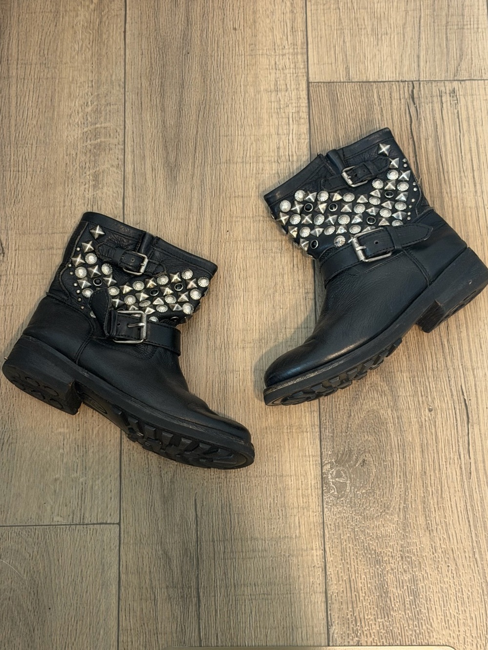 Ash Titanic Studded Biker Boots Women’s 7.5 38 Black Distressed Leather Buckle
